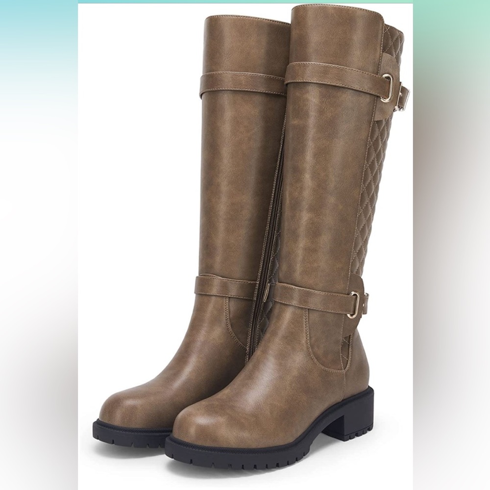 Women's Taupe Quilted Knee-High Heeled Boots - Unbranded